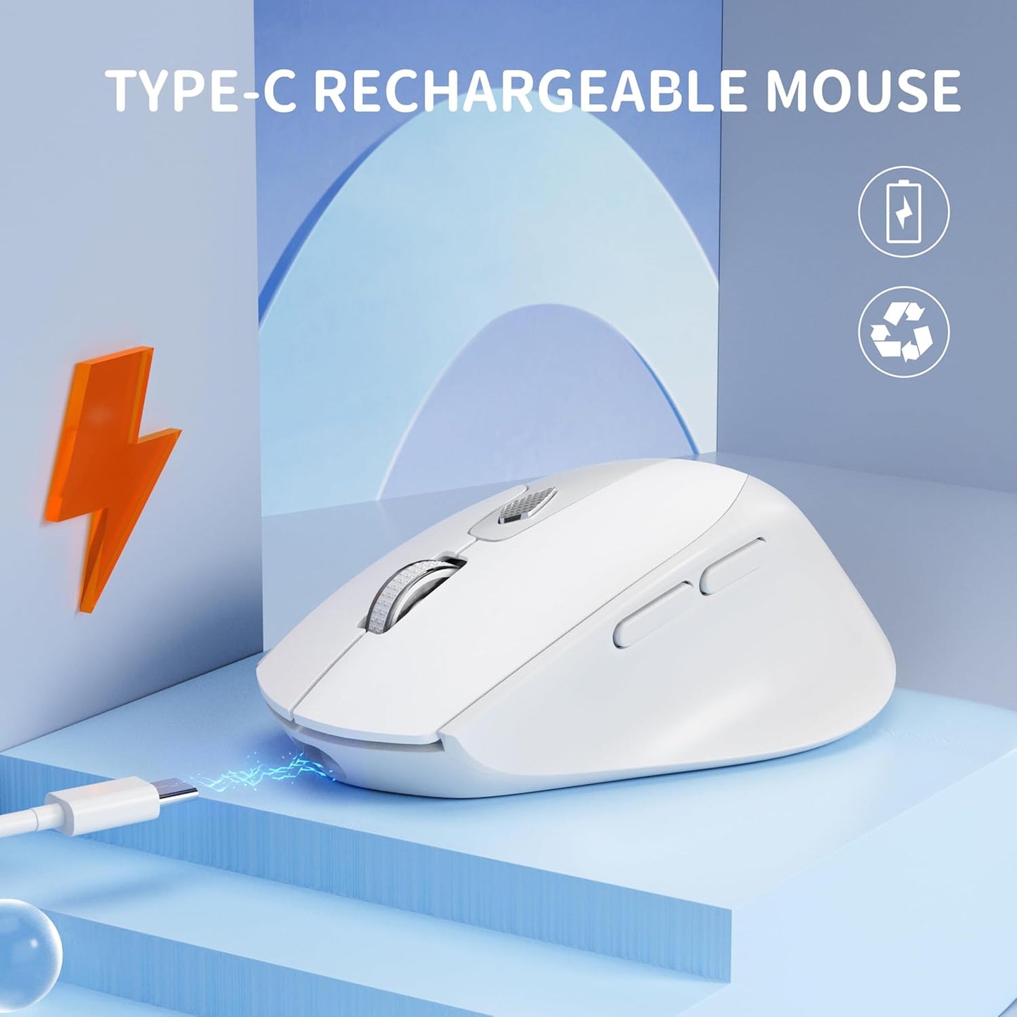 TENMOS M7 Bluetooth Mouse, Rechargeable Dual Mode BT5.1+ 2.4GHz USB Silent Wireless Mouse with Type C Adapter & Battery Indicator, Ergonomic Design for Laptop, iPad, MacBook-White and Grey