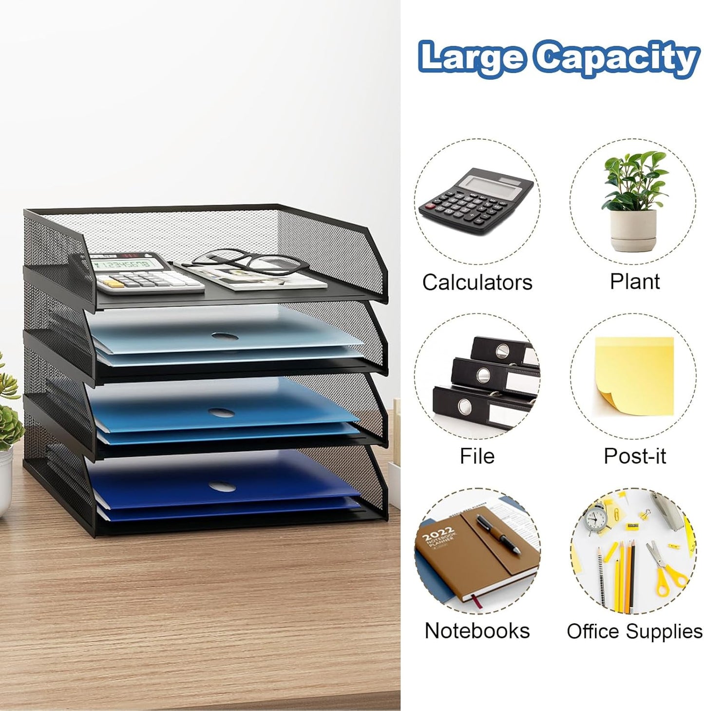 Natwind 4-Tier Stackable Paper Tray, Metal Mesh Desktop Organizer, A4 Desk Organizer, Stackable Letter Trays,File Folder Sorter Organizer with Sliding Tray for Home, Office, School (Black)