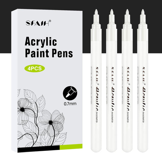 SFAIH White Paint Markers Pens - 4 Pack 0.7MM Fine Tip Acrylic White Permanent Markers for Adding Highlights on Rocks, Black Paper Sketching, DIY Canvas Art Details