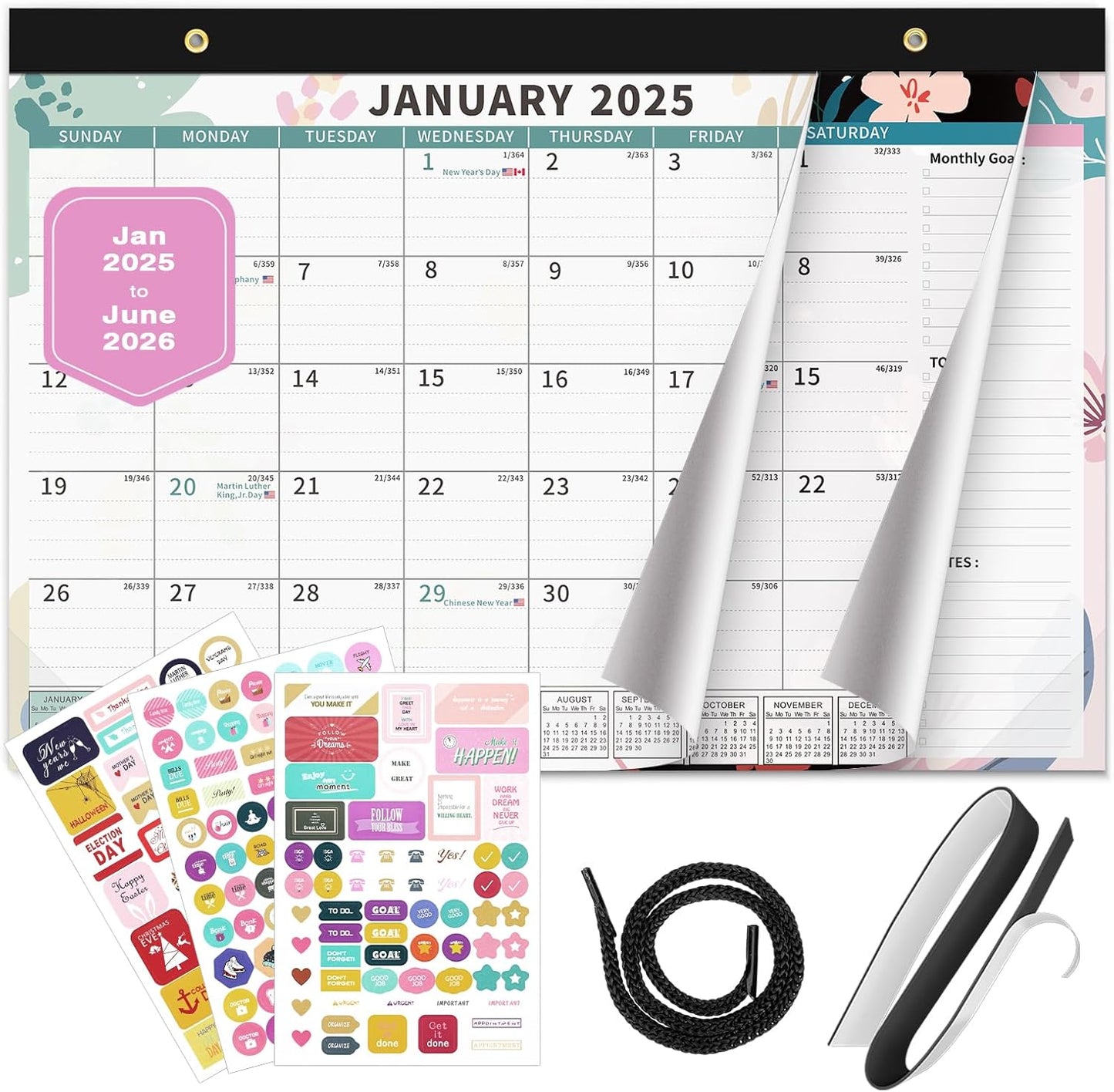 Ospelelf 2025-2026 Calendar Magnetic Desk Wall Desktop Monthly Planner from January 2025 to June 2026 Large To Do Pad with Plastic Cover for Office 17" X 12" Floral