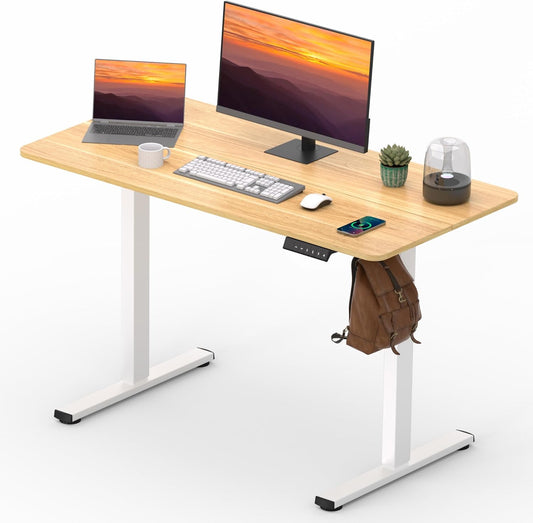 Adjustable Stand Up Desk with Memory Preset,Electric Standing Desk 47 x 24 Inch Home Office Desk Computer Workstation Sit Stand Desk, Splice Maple Top + White Frame