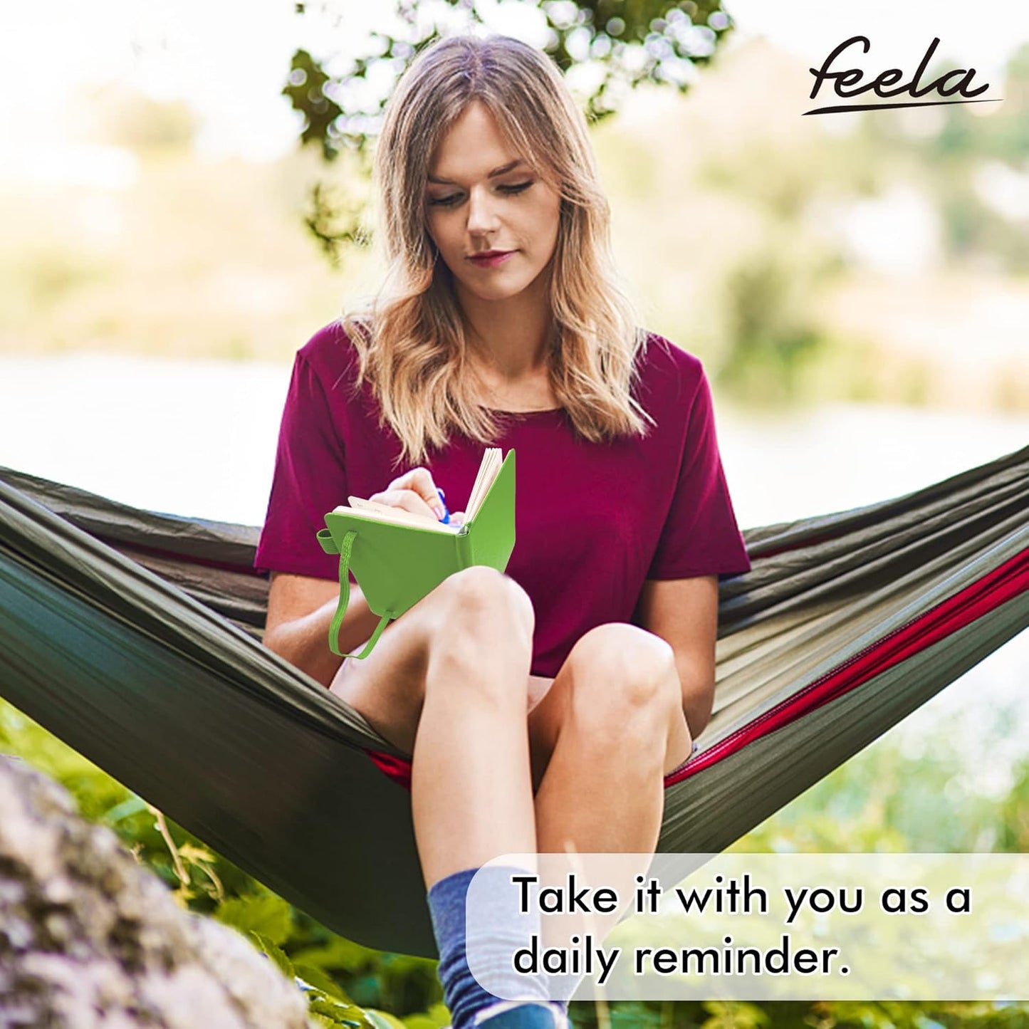 feela 6 Pack Pocket Small Notebooks Bulk, Mini Cute Memo Notepads Hardcover College Ruled Lined Journals with Pen Holder for Women Girls Office School, with 6 Black Pens, 3.5”x 5.5”, A6, Green