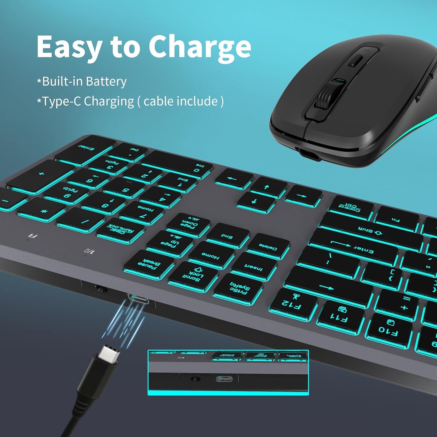 Backlit Wireless Keyboard and Mouse, Rechargeable Quiet Wireless Keyboard Mouse Combo, Jiggle Mouse, 2.4G Cordless USB Keyboard Slim Full Size for Apple iMac, MacBook, laptop and PC, Space Gray