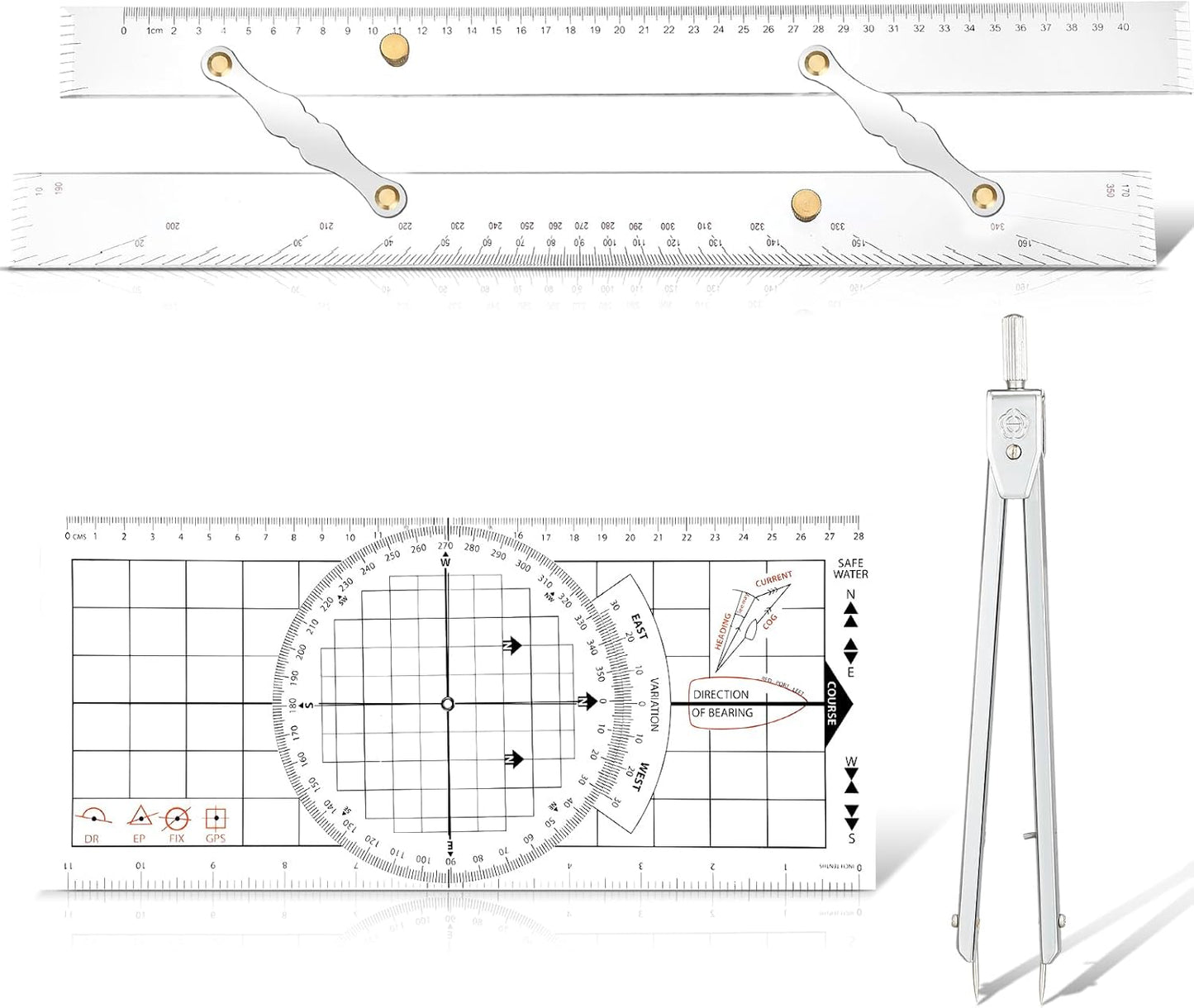 3 Pcs Basic Navigation Set, Include 16 Inch Marine Parallel Ruler with Clear Scales Navigation Divider Marine Nautical Protractor 6 Inch Marine Fixed Points Divider for Boat