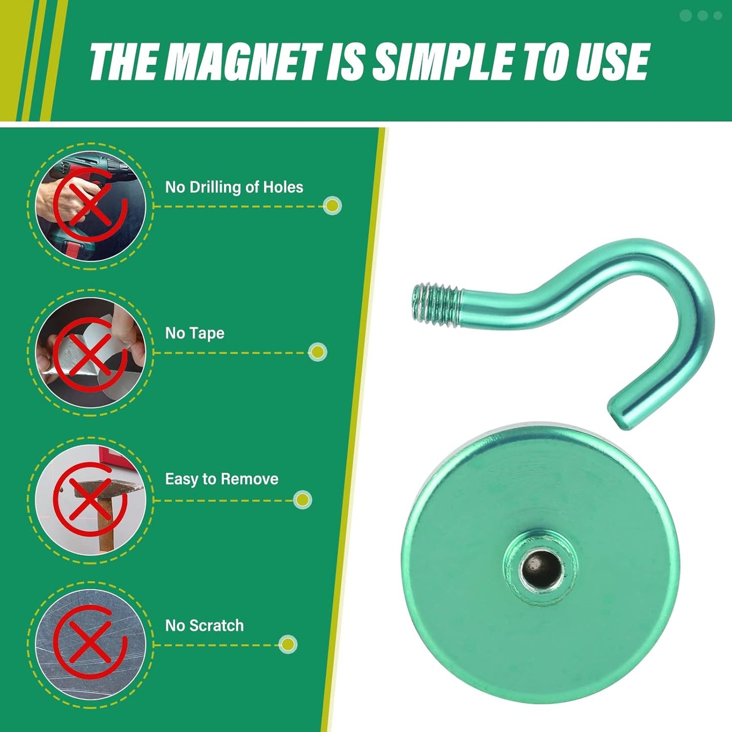 Neosmuk Magnetic Hooks Heavy Duty, Strong Magnet with Hook for Fridge, Super Neodymium Extra Strength Industrial Hooks for Hanging, Magnetic Hanger for Toolbox, Cruise, Grill(Green,4 Pack)