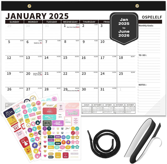 Ospelelf Magnetic Calendar 2025-2026 for Refrigerator, Desk Wall Calendar, January 2025 to June 2026, Monthly Large Planner Pad with Plastic Cover 17" X 12" Black