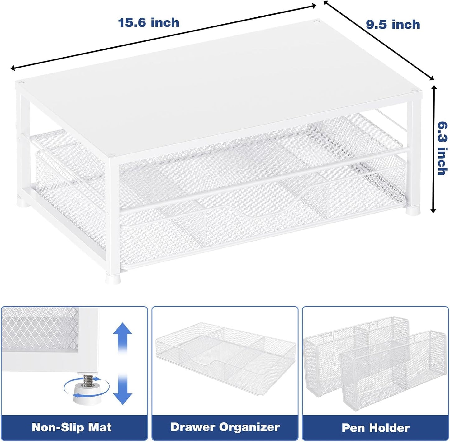 Desk Organizers and Accessories, 2-Tier Computer Monitor Stand Riser with Drawer and 2 Pen Holders, Laptop Stand, Office Desk Accessories for Office Supplies, White