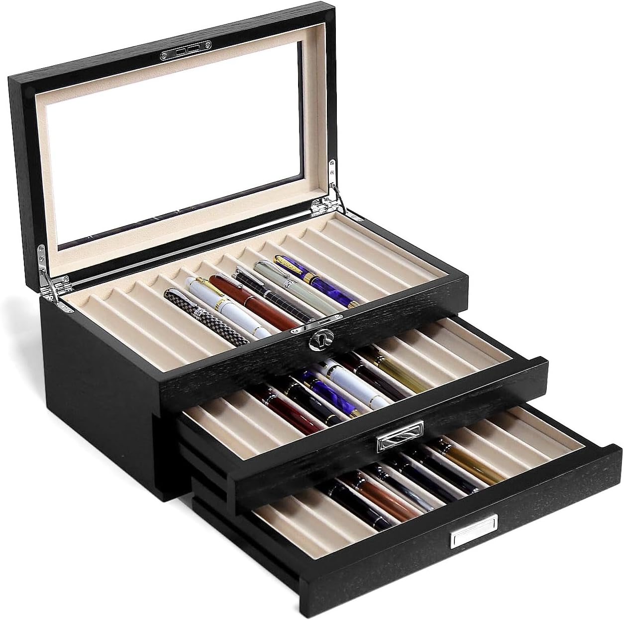 Pen Display Case with 36 Pen Slots, Fountain Pen Case, Wood Pen Storage Organizer, Pen Box Display for Men Gift, Pen Collector with Glass Window(Black ash Veneer Finish, Creamy-White Velvet)