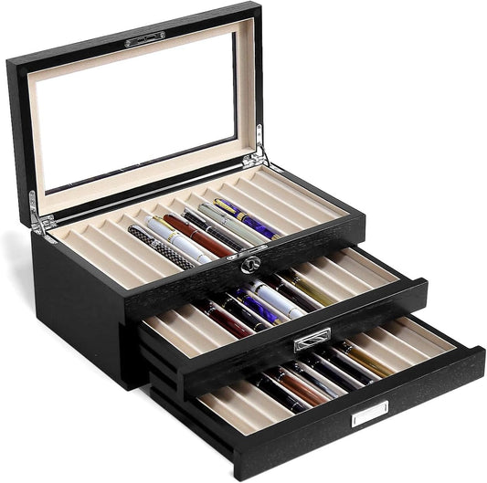 Pen Display Case with 36 Pen Slots, Fountain Pen Case, Wood Pen Storage Organizer, Pen Box Display for Men Gift, Pen Collector with Glass Window(Black ash Veneer Finish, Creamy-White Velvet)