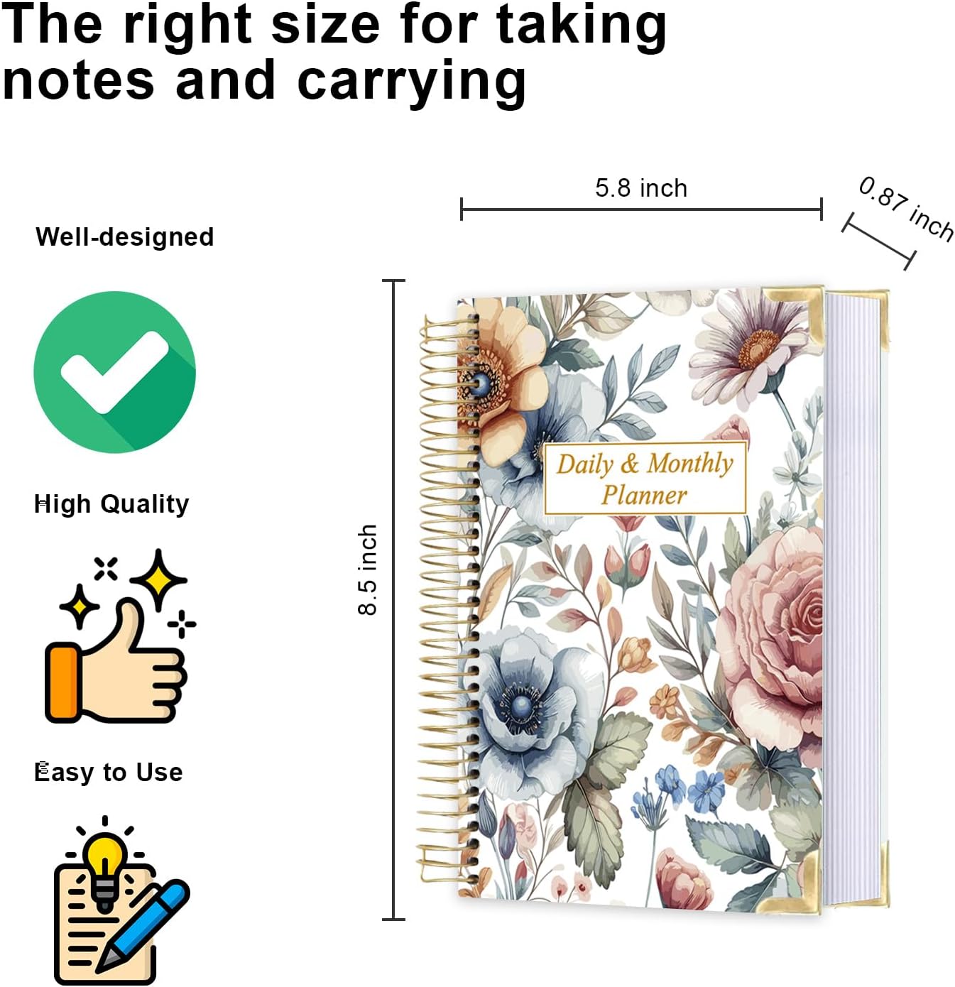 Undated Daily Monthly Planner for 2025 2026 - A5 To Do List with Hourly Schedule, Hardcover Spiral Bound Daily Planner to Increase Focus, Stylish School/Office Supplies, 5.8" x 8.5", Flower
