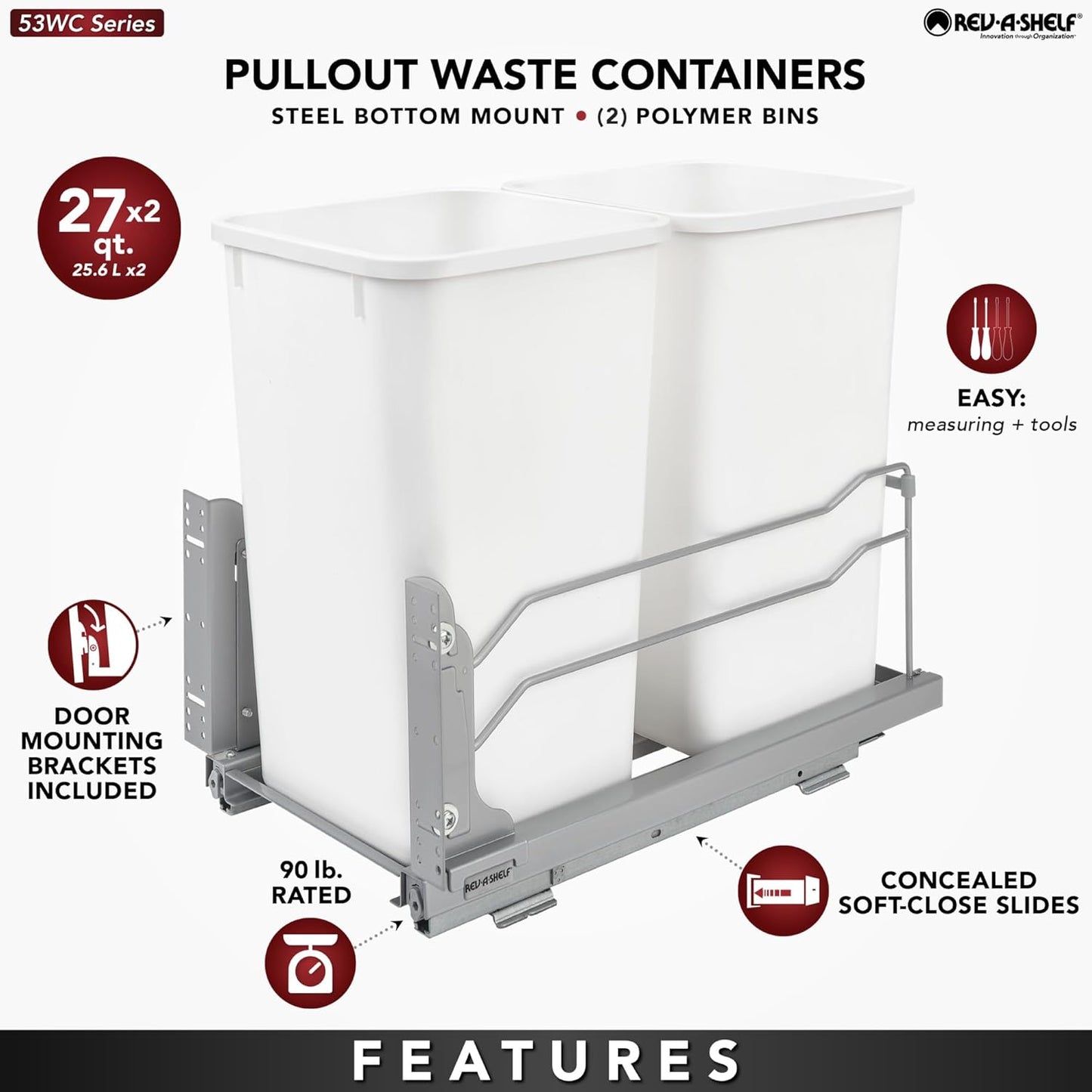 Rev-A-Shelf Double Pull-Out Trash Can for Under Kitchen Cabinets 27 Quart 12.5 Gallon with Soft-Close Slides, White, 53WC-1527SCDM-211