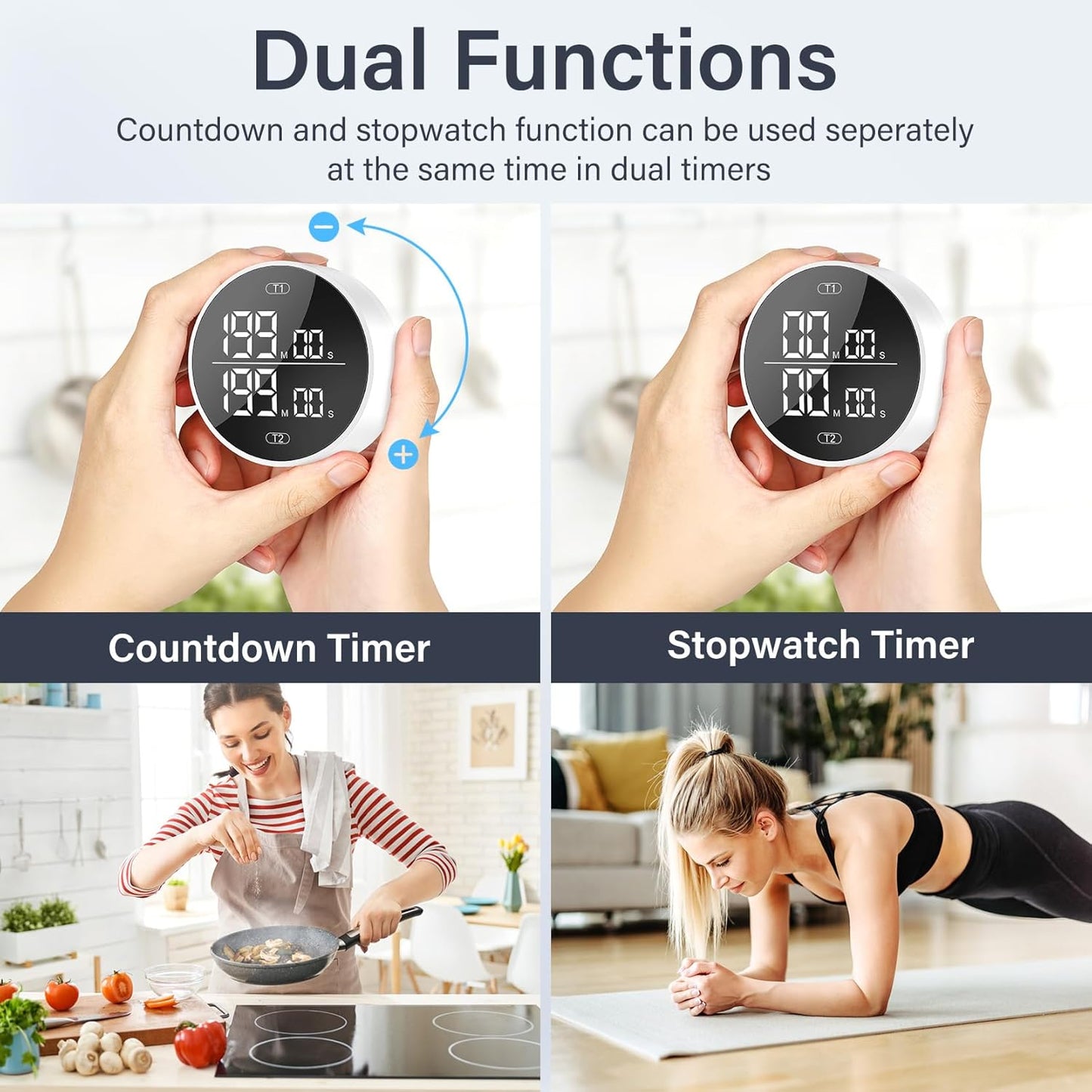 Dual Digital Kitchen Timer for Cooking, 199 Minutes Countdown & Stopwatch, Productivity Timer for Fridge, Big Digits, High-Definition Display, Rotary Adjustment, 3 Volumes, 2 Brightness Levels, White