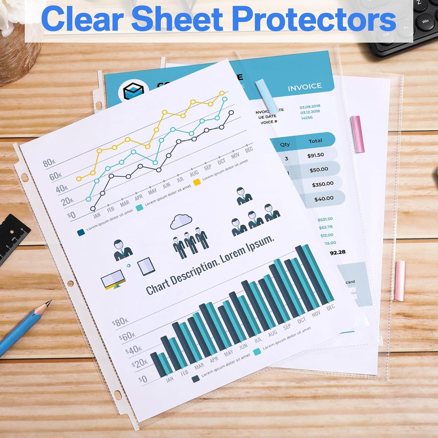 ReliThick 6 Set of 48 Pack Clear Sheet Protectors 8.5 x 11 Inch Page Protector for 3 Ring Binder with 8 Tabs Plastic Dividers for 3 Ring Binder, Insertable Index Page Divider Multicolor Tabs