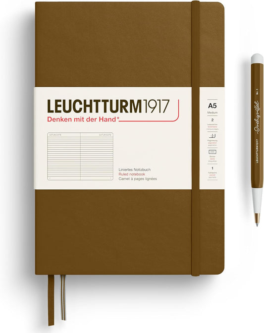 LEUCHTTURM1917 - Notebook Hardcover Medium A5-251 Numbered Pages for Writing and Journaling - Thinking Ahead (Ruled Paper, Spice Brown)