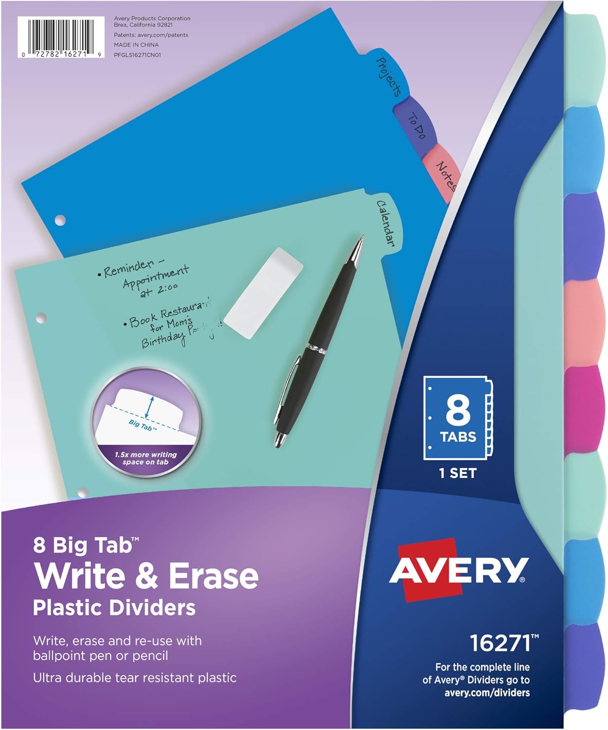 Avery Write & Erase Dividers for 3 Ring Binders, 8 Tabs per Set, Multicolor Big Tabs, Pastels, Binder Dividers Great for Organizing Reports, Projects, and More (16271)