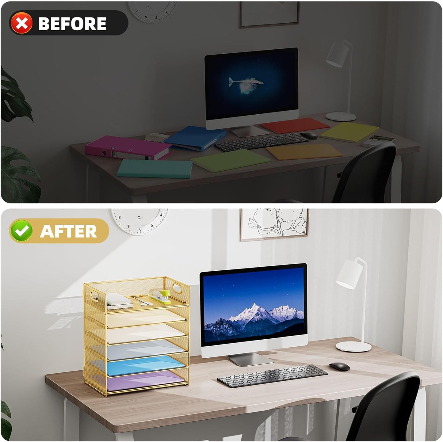 Marbrasse Paper Letter Tray Organizer - 6 Tier Mesh File Organizer with Handle, Paper Sorter Organizer for Letter/A4 Office File Folder Holder - Gold