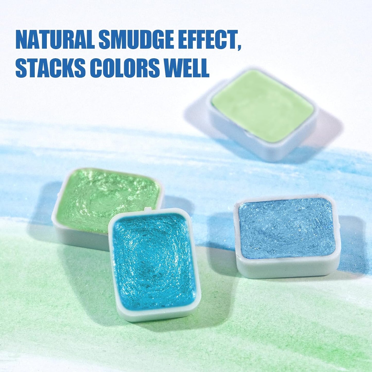 Mini Glitter Watercolor Paint Set with Paper, 24 Colors Shimmer Metallic Watercolour Painting Sets, Solid Pearl Water Color Paints for Adult, Kids, Blue 1ml Trial Pack(Heartbeat of the Ocean)