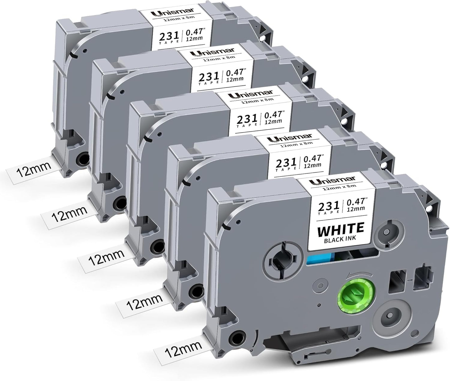 Unismar 5-Pack TZ Tape 12mm 0.47 Laminated White Compatible for Brother P Touch Label Maker Tape TZe-231 TZe231 TZe-2312pk 1/2" Refills for Ptouch PT-D220 D210 D610BT D200 1280, Black on White