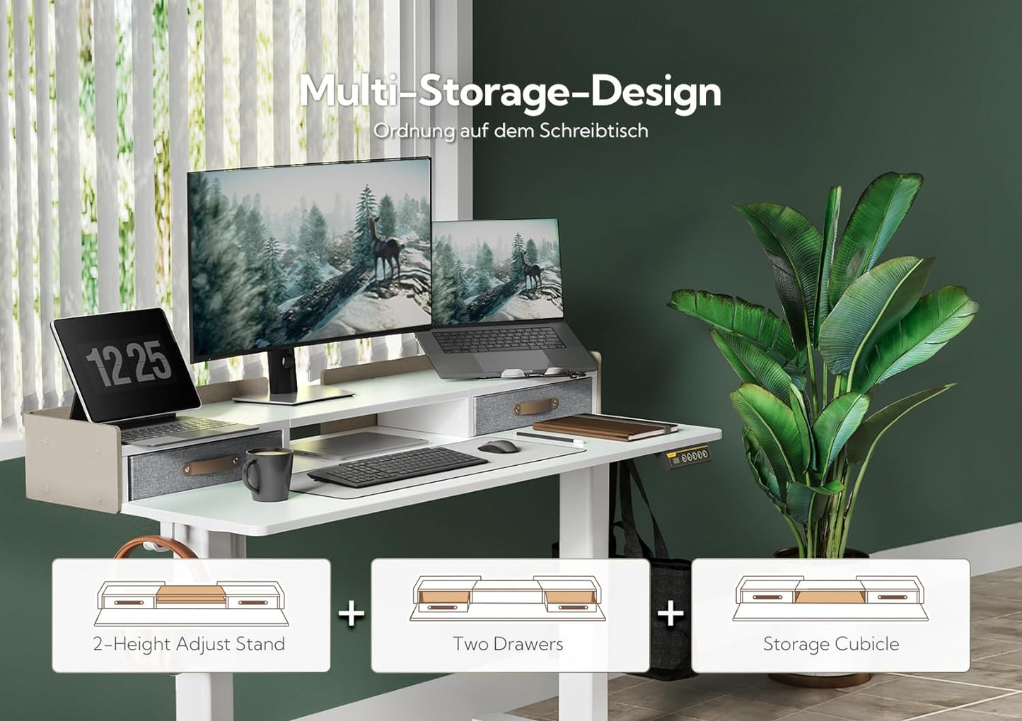 YDN Electric Standing Desk with Drawers, Adjustable Height Stand Up Desk, 63 inch Electric Sit Stand Computer Desk for Home Office, White