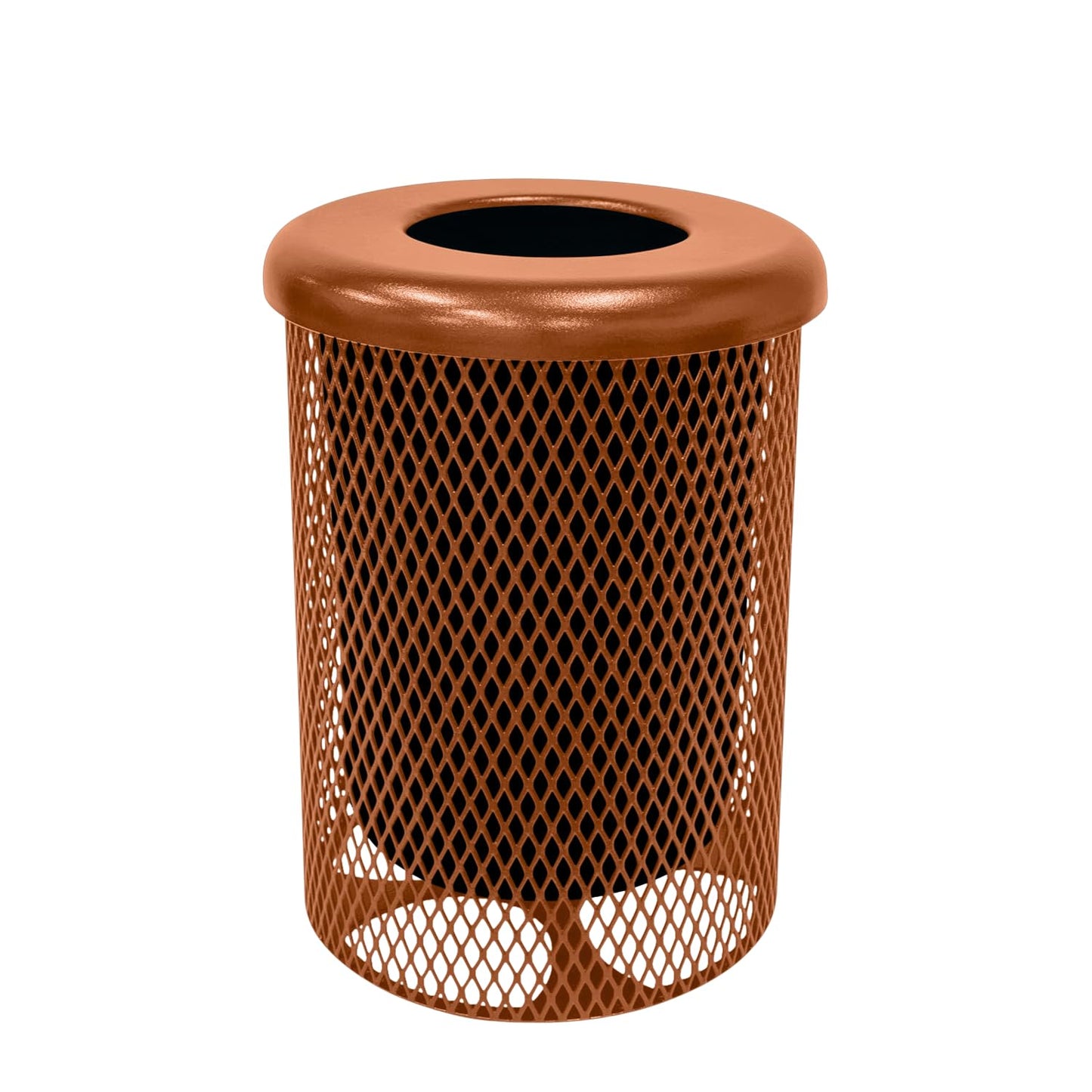 32-Gallon Heavy-Duty Expanded Metal Round Trash Receptacle, Commercial Outdoor Waste Bin with Liner & Black Flat Top Lid – Made in America (Textured Copper)