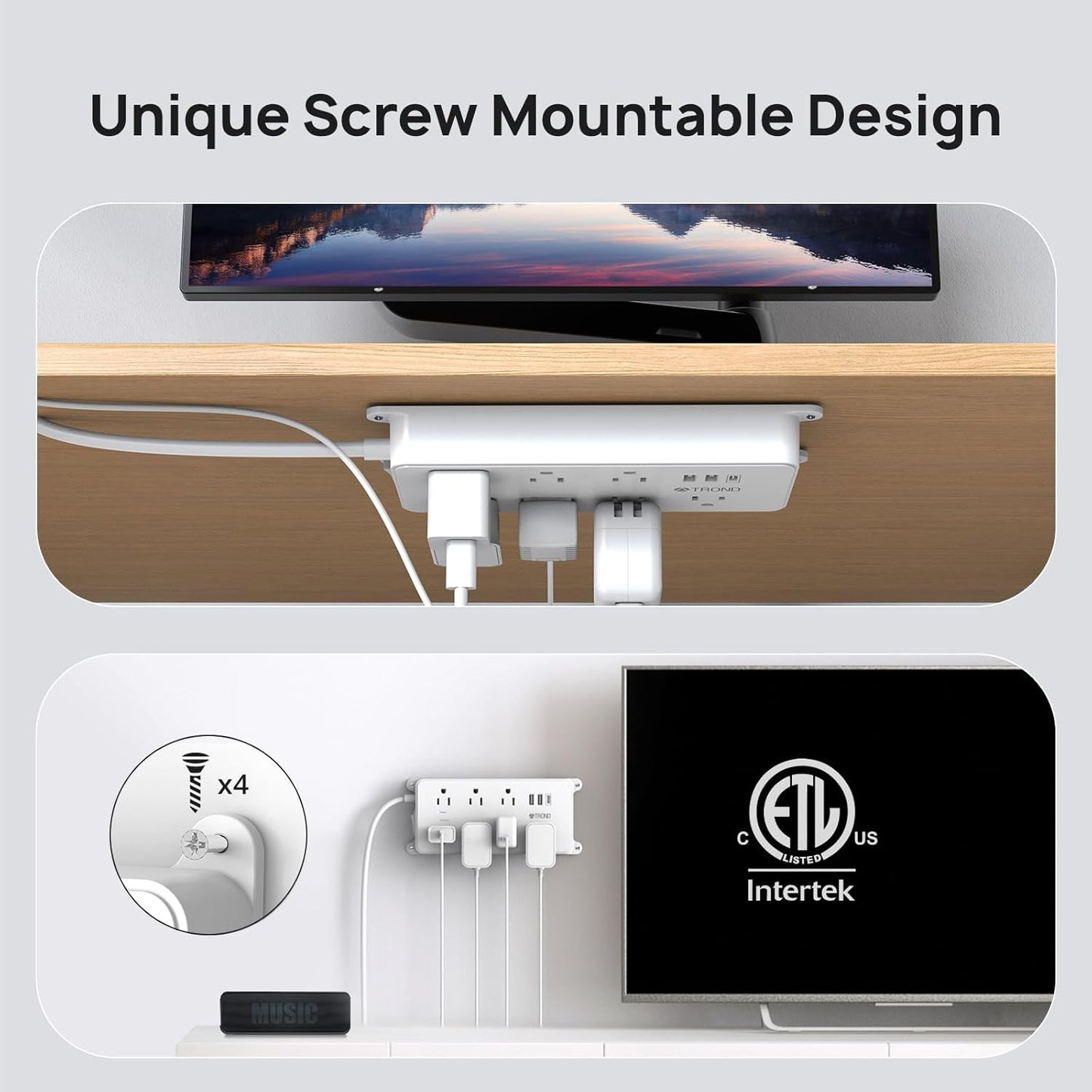 TROND Power Strip Surge Protector, 7 Widely Spaced Outlets with 2 USB A and 1 USB C, ETL Listed 1700J, Wall Mount, Flat Plug 5ft Extension Cord 14AWG Heavy Duty, for Home, Office Garage, White