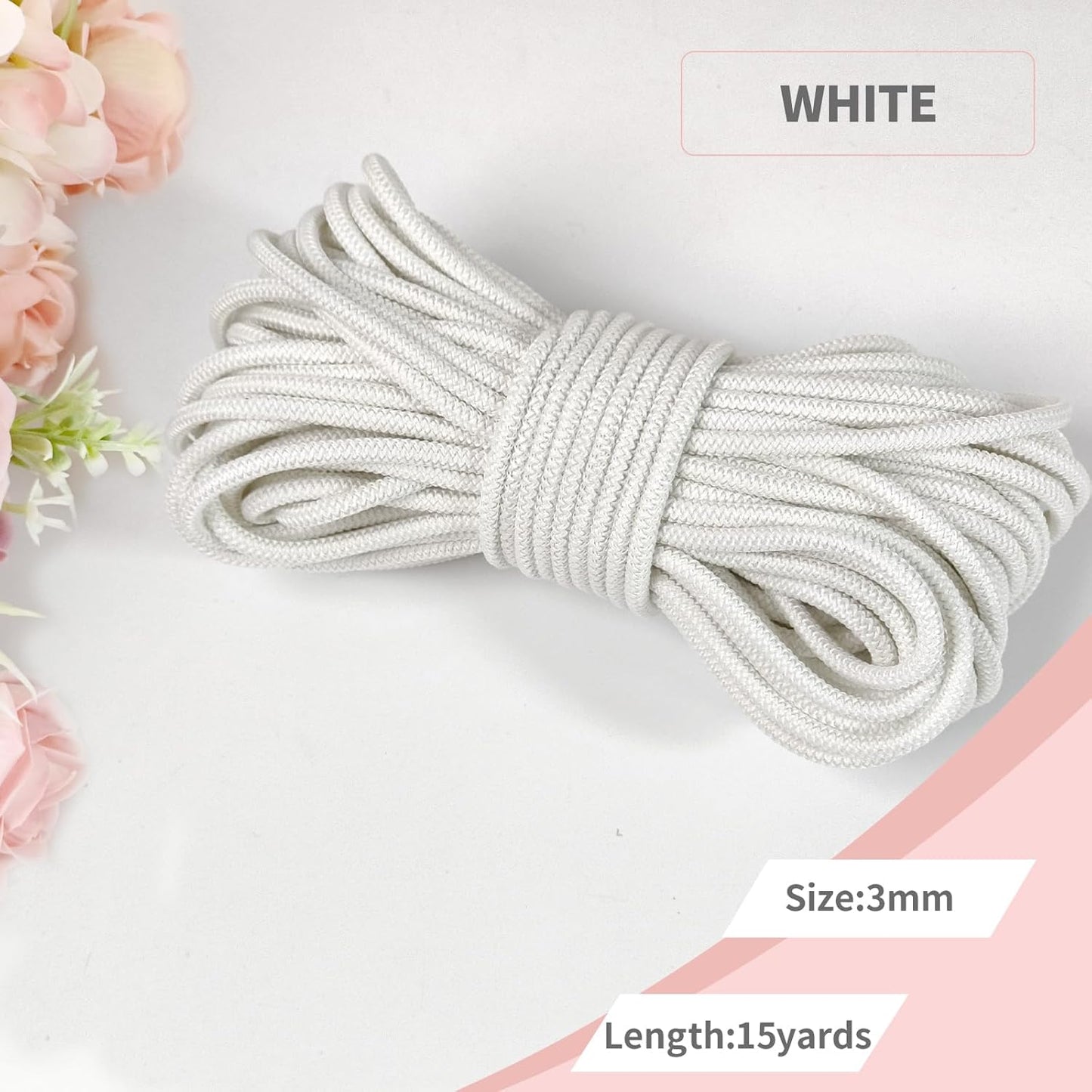 1/8 inch Non-Slip Elastic Band -3mm 15 Yards Soft Elastic Cord Stretch String Braided Thread for Sports Gear, DIY Crafts, Hair Bands,Shoelaces, Apparel Making & Camping Tie Down (White)