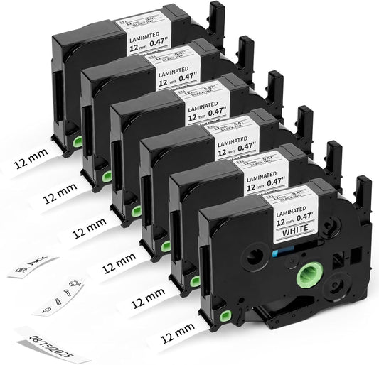 Airmall Compatible with Brother 12mm 0.47 Laminated White Tz Tape Tze Label Maker Tape Refill TZe-231 TZe231 Replace for Brother P Touch D210 D200 D400 1280 1290 1880, Black on White 1/2 Inch, 6-Pack