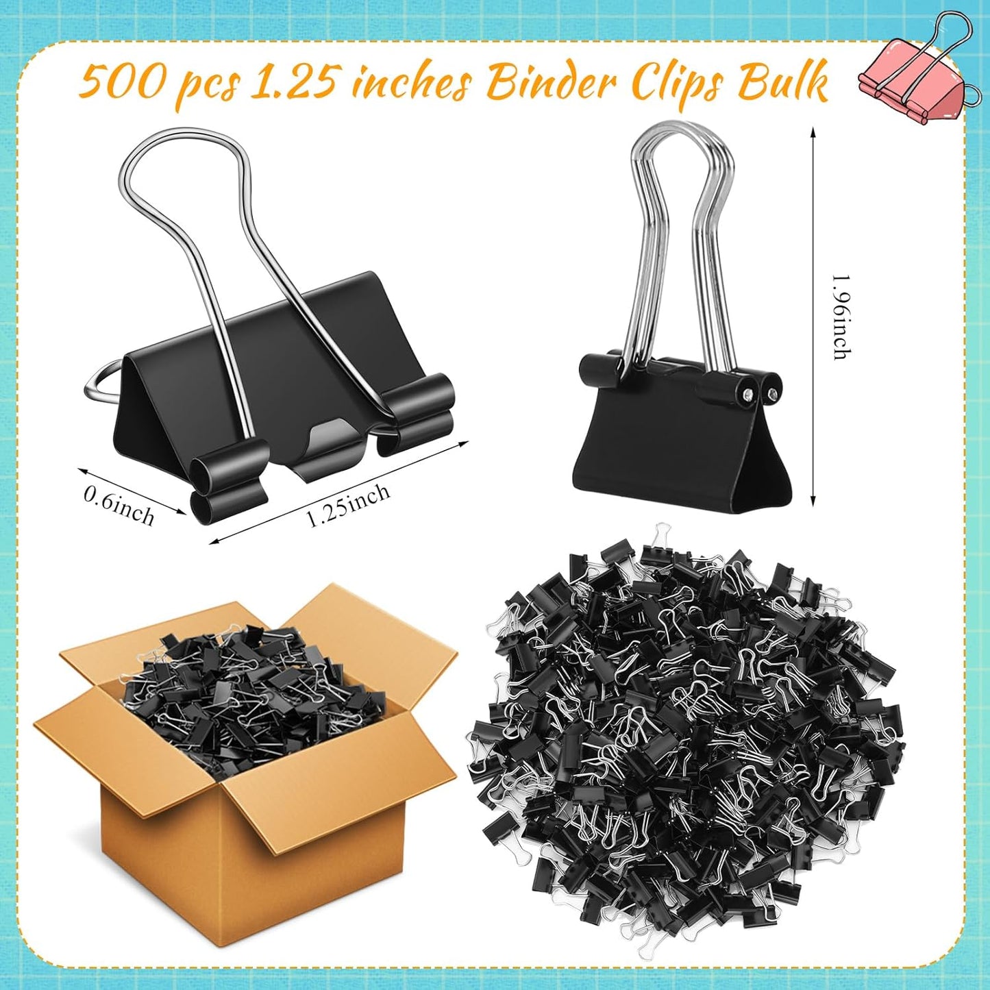 Jetec 500 Pieces 1. 25 Inch Black Binder Clips Bulk Large Paper Clamps Metal Paper Clips for Teachers Students Classroom Business Office and School Office Supplies