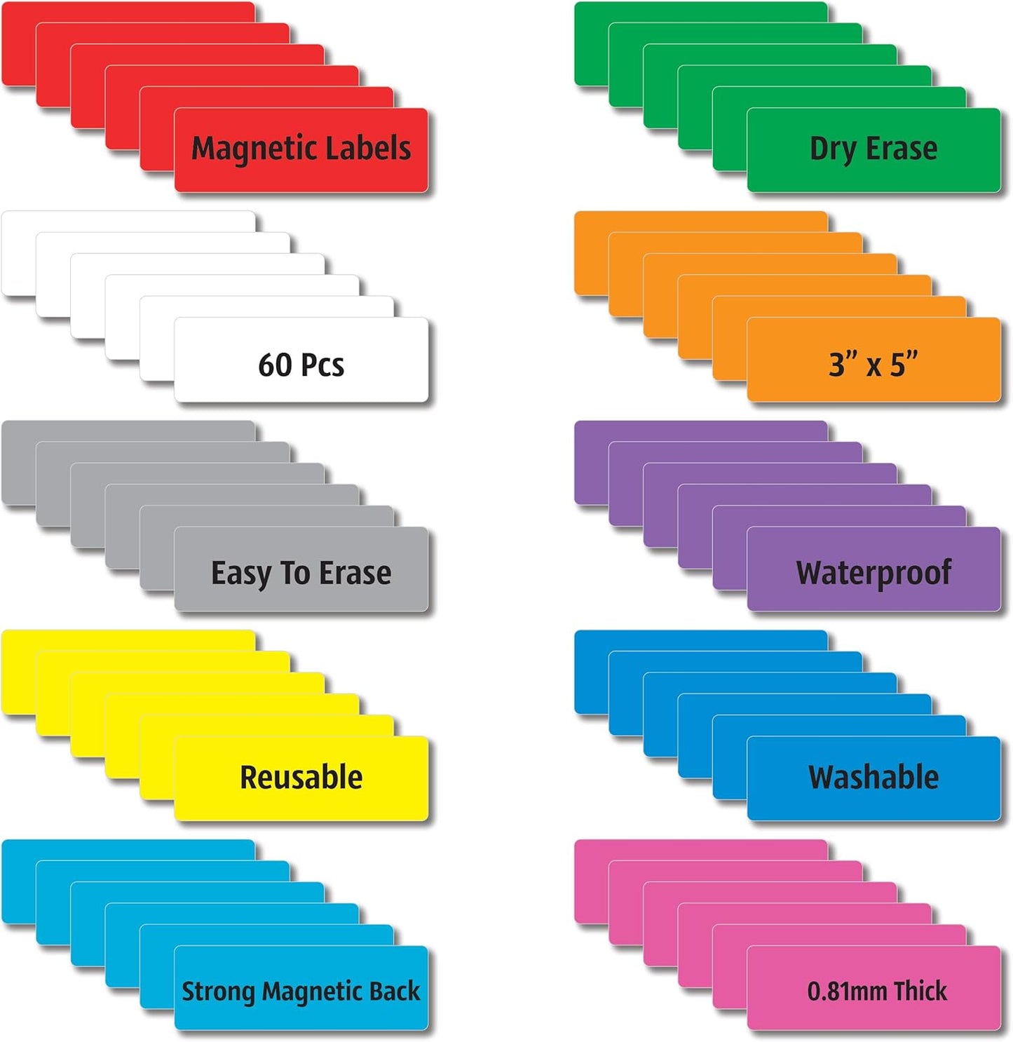 Magnetic Dry Erase Magnets Labels 3x1 inches, Reusable Name Tags, Organizing Schedules in Office/Classroom. Work on Fridge/White Board (Multicolor 60Pcs)