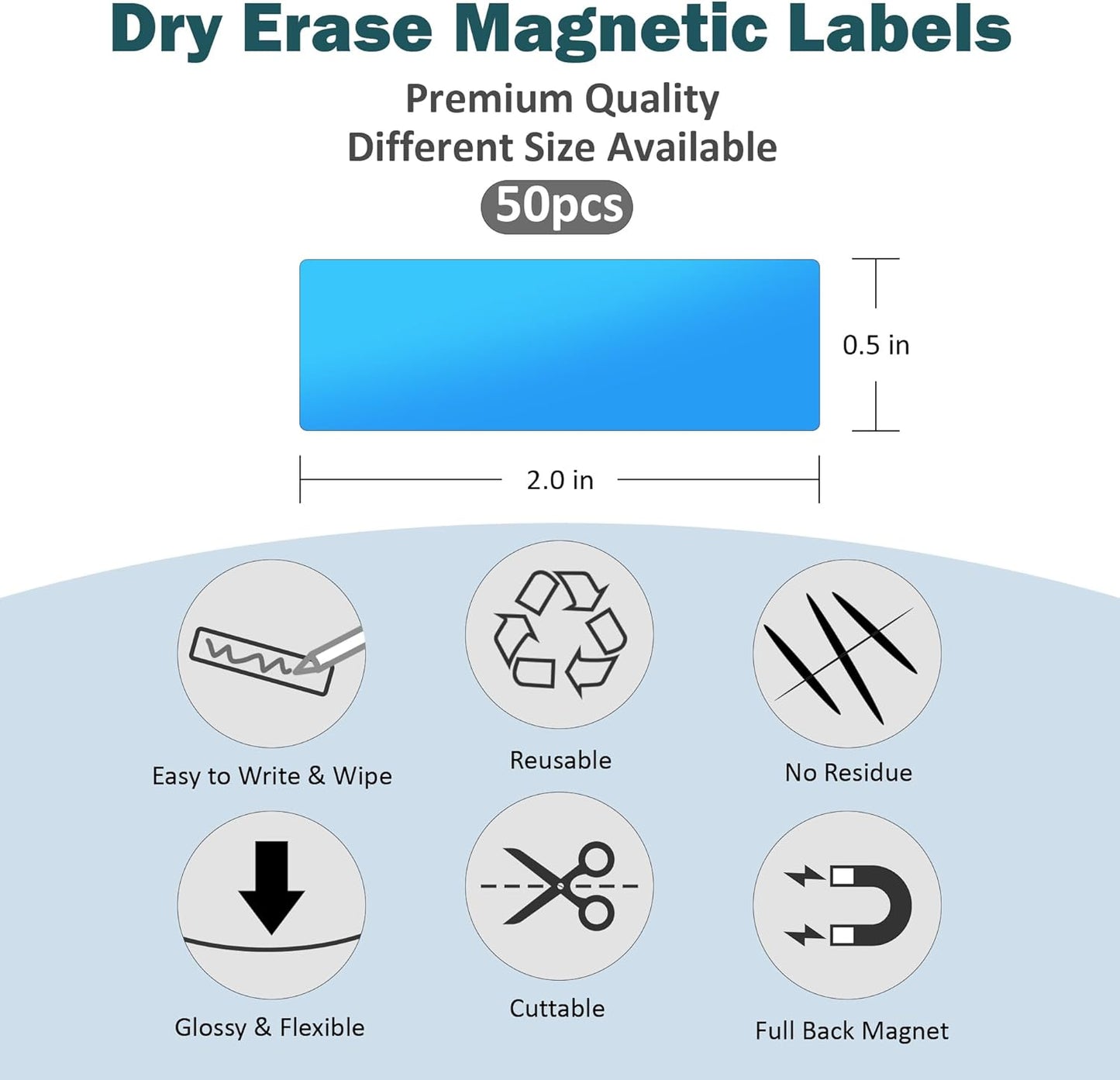 LLPT Dry Erase Magnetic Labels 0.5" x 2" 50 Packs Blank Writable Magnet Stickers Reusable for Refrigerator Shelf Whiteboard Toolbox Craft and Other Metallic Surfaces White (DML0520WT)