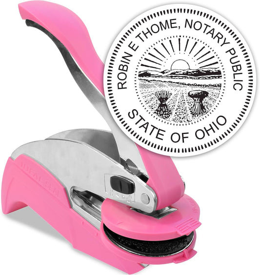 MaxMark Notary Seal Round Pink Embosser for Ohio State - Includes Gold Burst Seal Labels (50 Count)