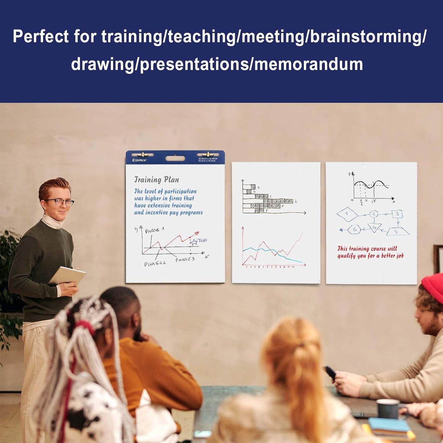 Comix Sticky Easel Pad, 25 x 30 Inches Flip Chart Paper for Teachers, Large Self Stick Easel Paper for Office School Classroom Supplies, 30 Sheets/Pad, 4 Pads/Pack