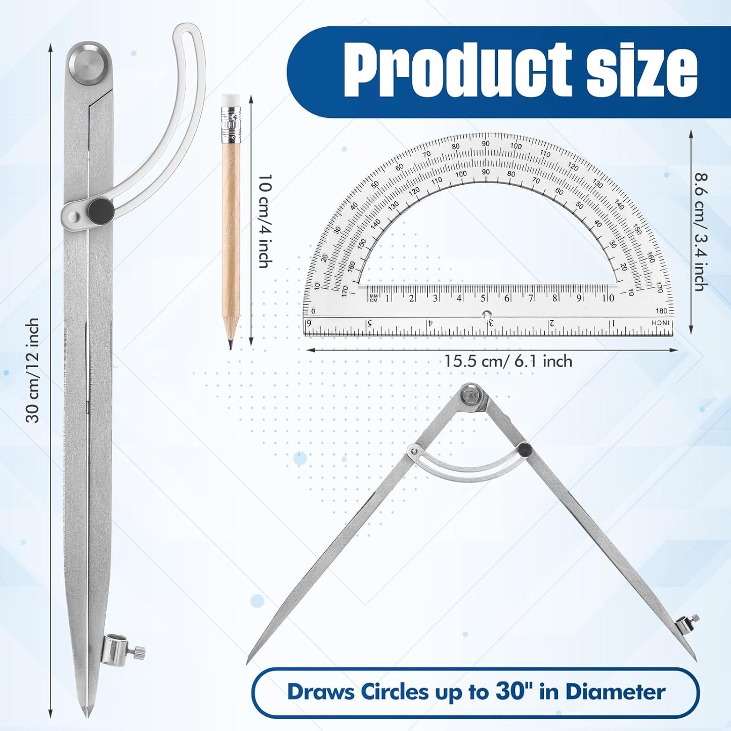 Zonon Professional 12 Inch Large Compass with Wing for Woodworking and 6 Inch Protractor Set, Pencil Compass for Geometry Math Carpenter, Drafting, Drawing Tool