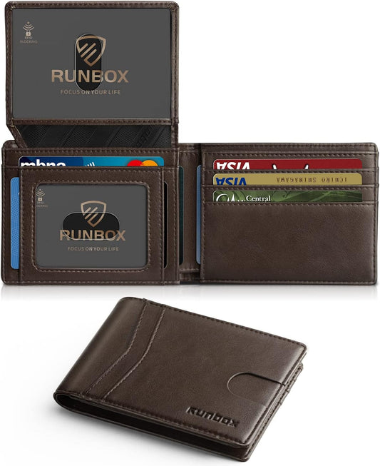 RUNBOX Wallet for Men Slim Rfid Leather 2 ID Window With Gift Box