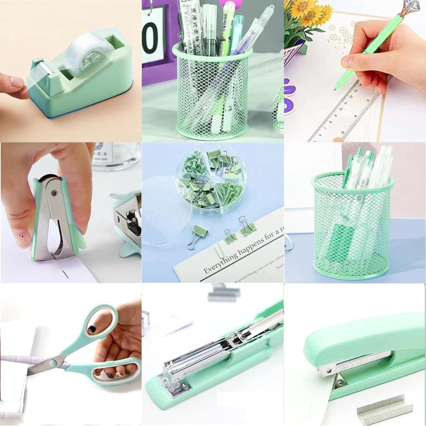 Green Desk Accessories, Pink Office Supplies Set with Stapler, Tape Dispenser, Staple Remover, Pen Holder, Scissor, Binder/Paper Clips, Ballpoint Pen, Clear Tape and 1000pcs Staples