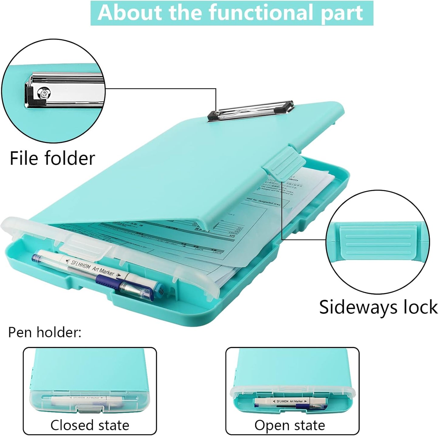 Clipboard with Storage,A4 Clipboards with Pen Holder,Heavy Duty Plastic Storage Clipboard with Low Profile Clip,Nursing Clipboards Folder Side-Opening,Smooth Writing Clip Board for Office-Blue Green