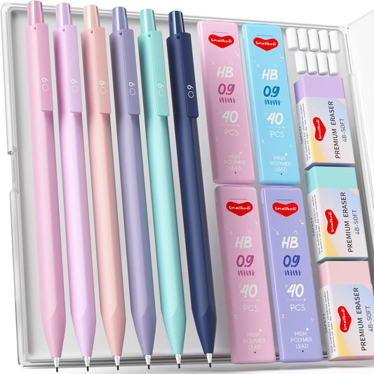 6PCS 0.9mm Mechanical Pencils Set with Case, Cute Pastel Mechanical Pencil with 160PCS HB Lead Refills, 3 Erasers, Aesthetic Back to School Supplies for Student Writing Drawing Sketching