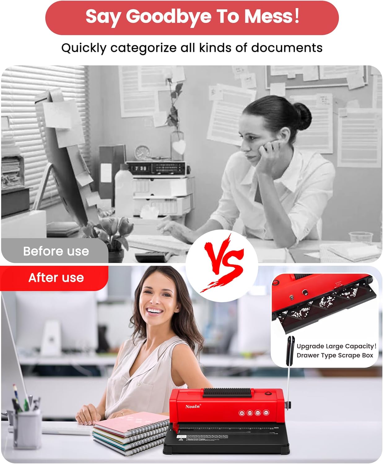 46-Hole Binding Machine Spiral Coil Binder Classic Red,DIY Book Binder Kits with Electric Coil Inserter,100pcs Comb Binding Spines,for Letter Size/A4/A5 School Office Home