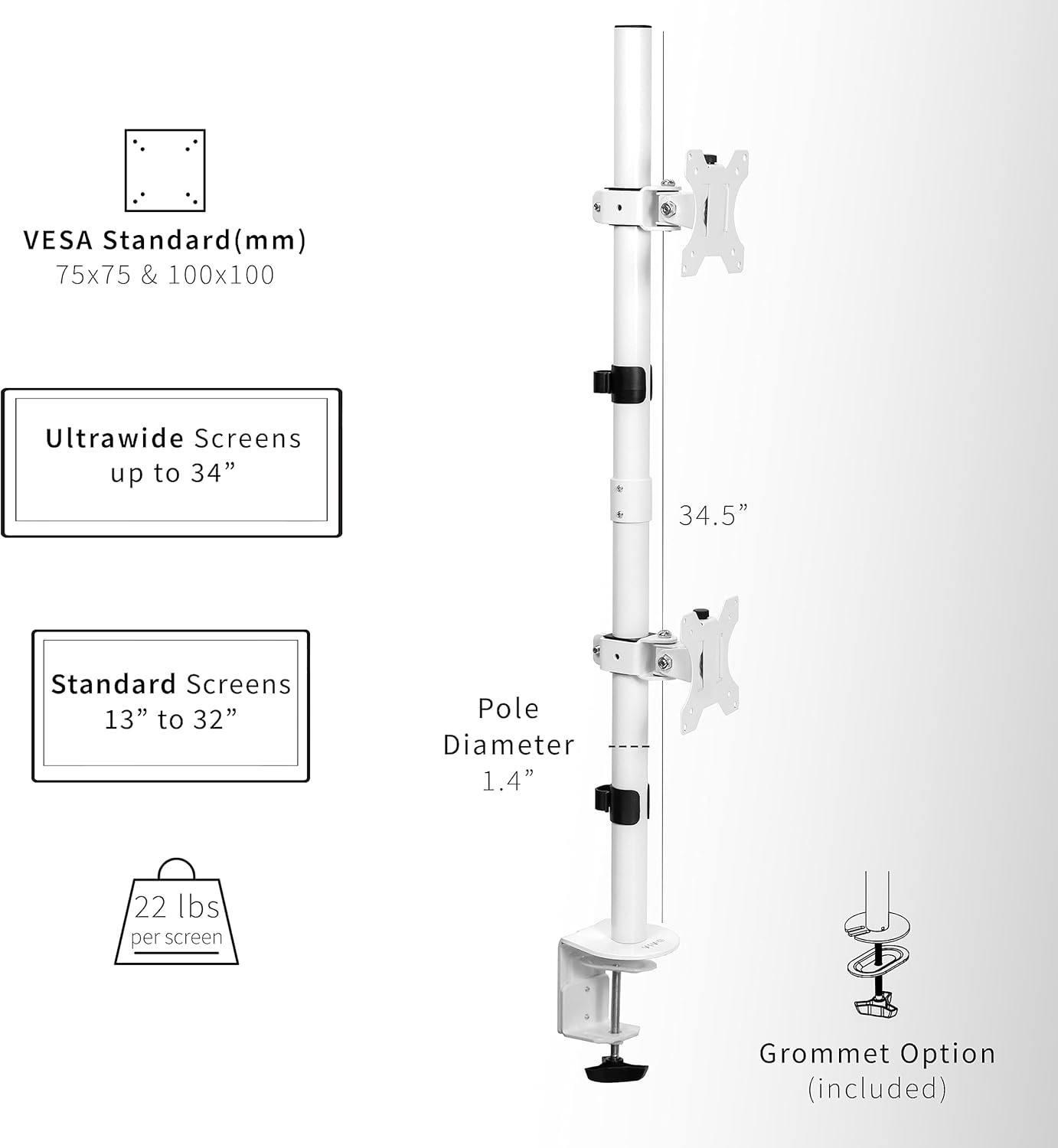 VIVO Dual Vertically Stacked LCD Monitor Desk Mount, Extra Tall Heavy Duty Adjustable Stand for 2 Ultrawide Screens up to 34 inches, 22 lbs Capacity, White, STAND-V002TW
