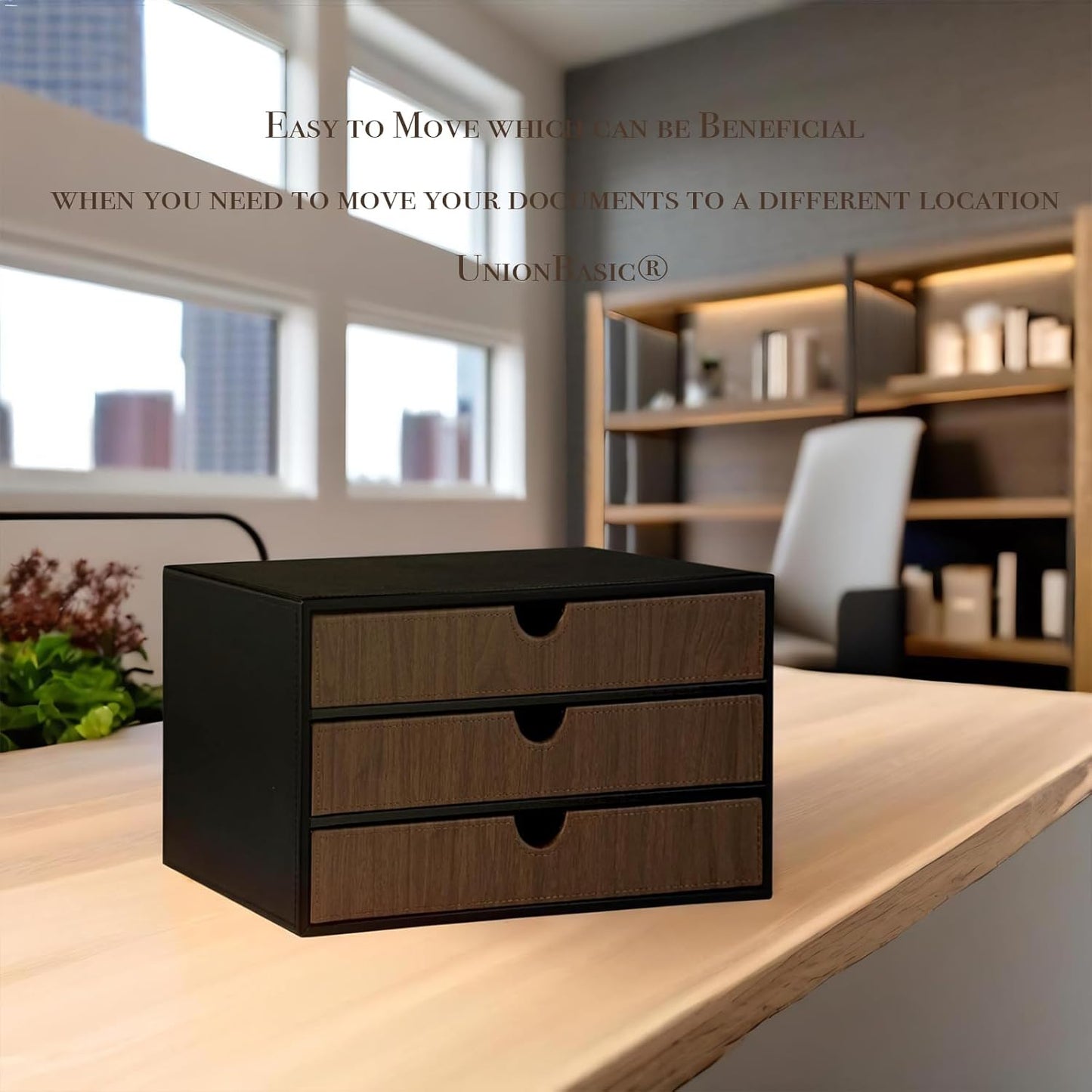 UnionBasic Document Organizer, 3-Drawer File Cabinet Document Storage Box, Office Desktop Filing Organizer, Black with Wood Grain Drawers
