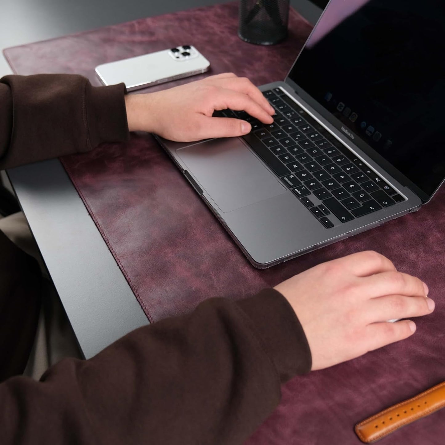 Jersey Genuine Calfskin Leather Desk Pad, Office Desk Mat with Non-Slip Bottom, Smooth Surface for Mouse & Keyboard, Desk Protector (14.6x31.5 inches) (Purple)