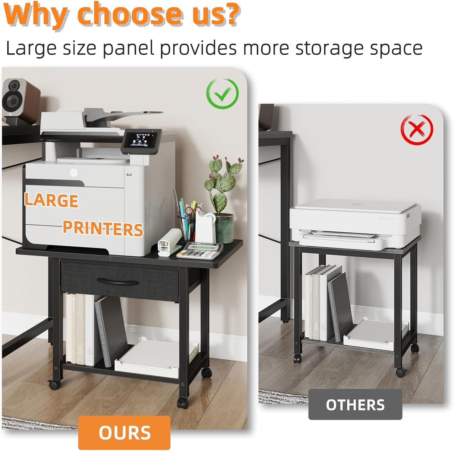 22"x15" Large Printer Stand with Storage Drawer, 2-Tier Under Desk Printer Table for Home Office, Printer Cart fit Fax Machine/3D Printer/Scanner(Black)