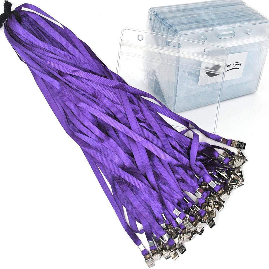 Bird Fiy Lanyards with id Holder Name Badges 50 Pcs Waterproof Type Clear Plastic Horizontal Name Tag Badge Id Card and 50 Pcs Lanyard (Purple)