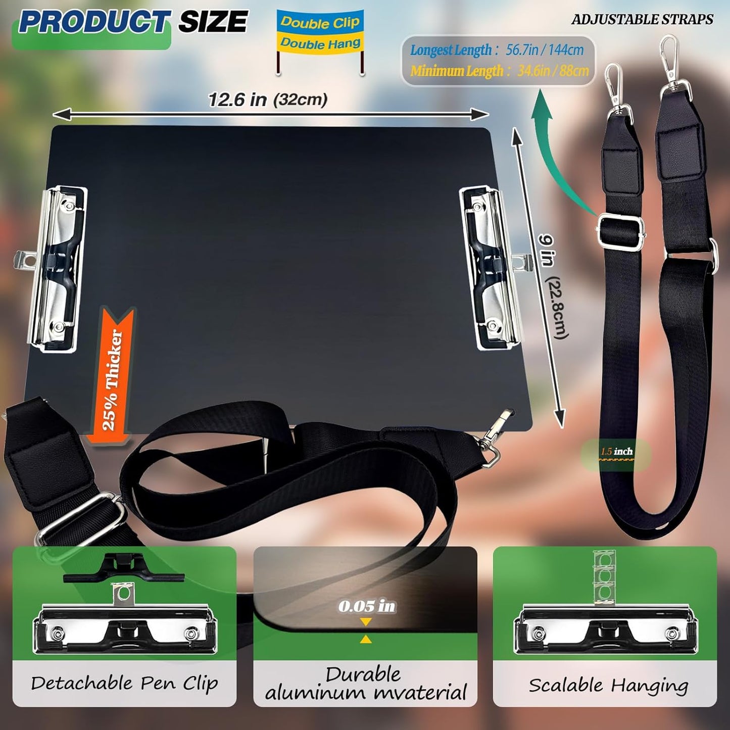 Aluminum Metal Clipboard with Detachable Adjustable Shoulder Strap A4 Double Clip Board Stainless Hangable w/Pen Holder Letter 9" x 12.6" for School Office Business Factory (Black-with Strap, A4)