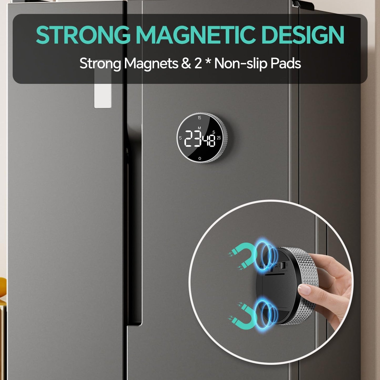 Digital Kitchen Timer with Magnetic, Large LED Display Countdown/Countup Timer, Pomodoro Preset 5/15/25 Mins, Volume & Brightness Adjustable for Cooking Baking Working Studying Silver