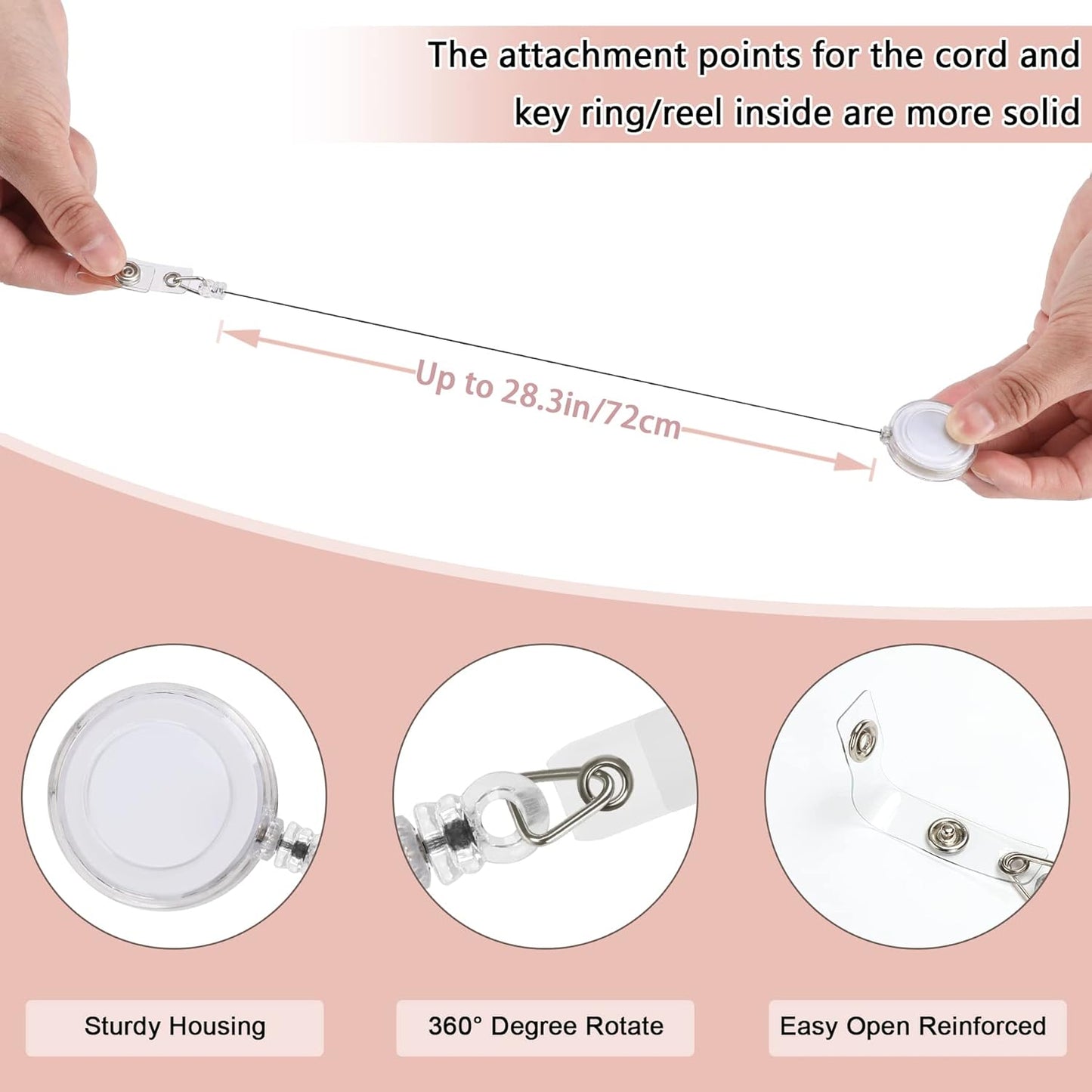 JANYUN 50 Pcs Retractable Badge Reel Clips Holder for Hanging ID Card Name Key Chain (Clear White)