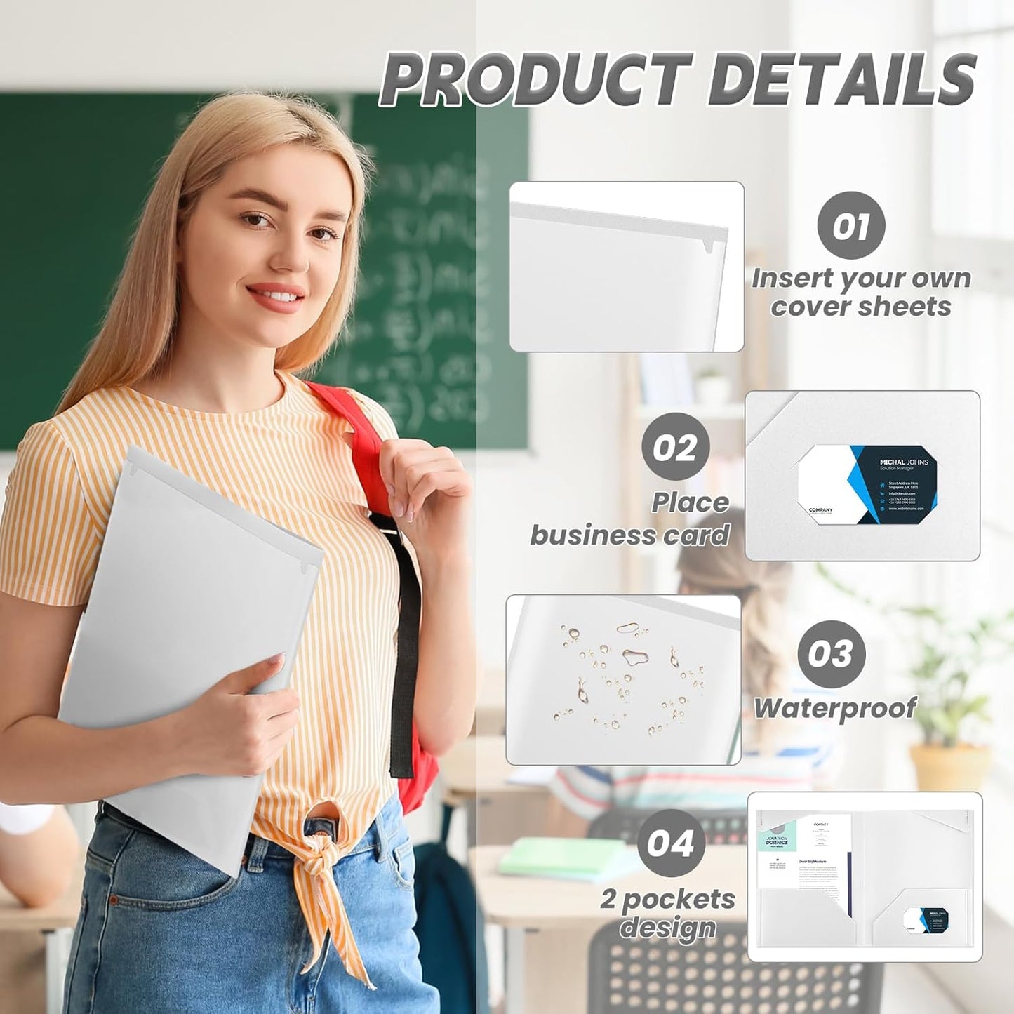 Henoyso 36 Pcs Plastic Folders with Clear Front Pockets Heavy Duty File Folders with 2 Pockets and Card Slot for Student Communication School Office Presentation Report (White)