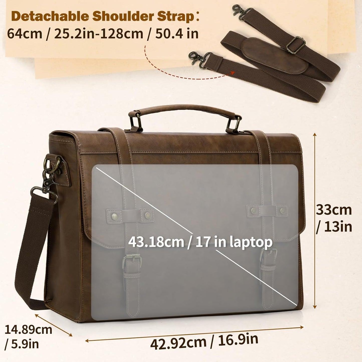 RAINSMORE Mens Messenger Bag 17 Inch Waterproof Vintage Leather Laptop Briefcase Large Laptop Bag Satchel Bag Computer Shoulder Bag for Office Business Travel College,Dark Brown