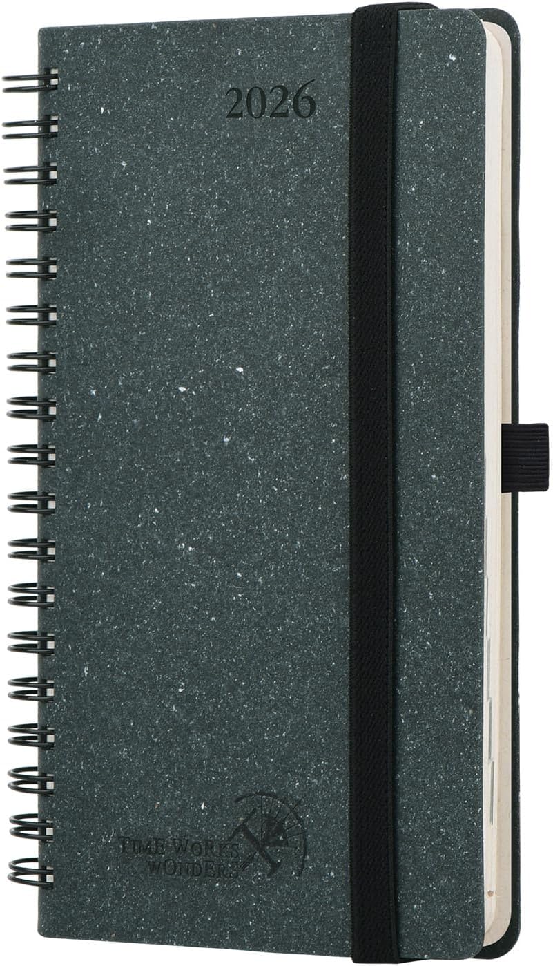 POPRUN 2026 Recycled Weekly Planner 12 Months Pocket Size (3.5'' x 6.5'') - Spiral Calendar Weekly and Monthly for Purse, with Italian Regenrated Leather, Pen Holder - Desert Brown