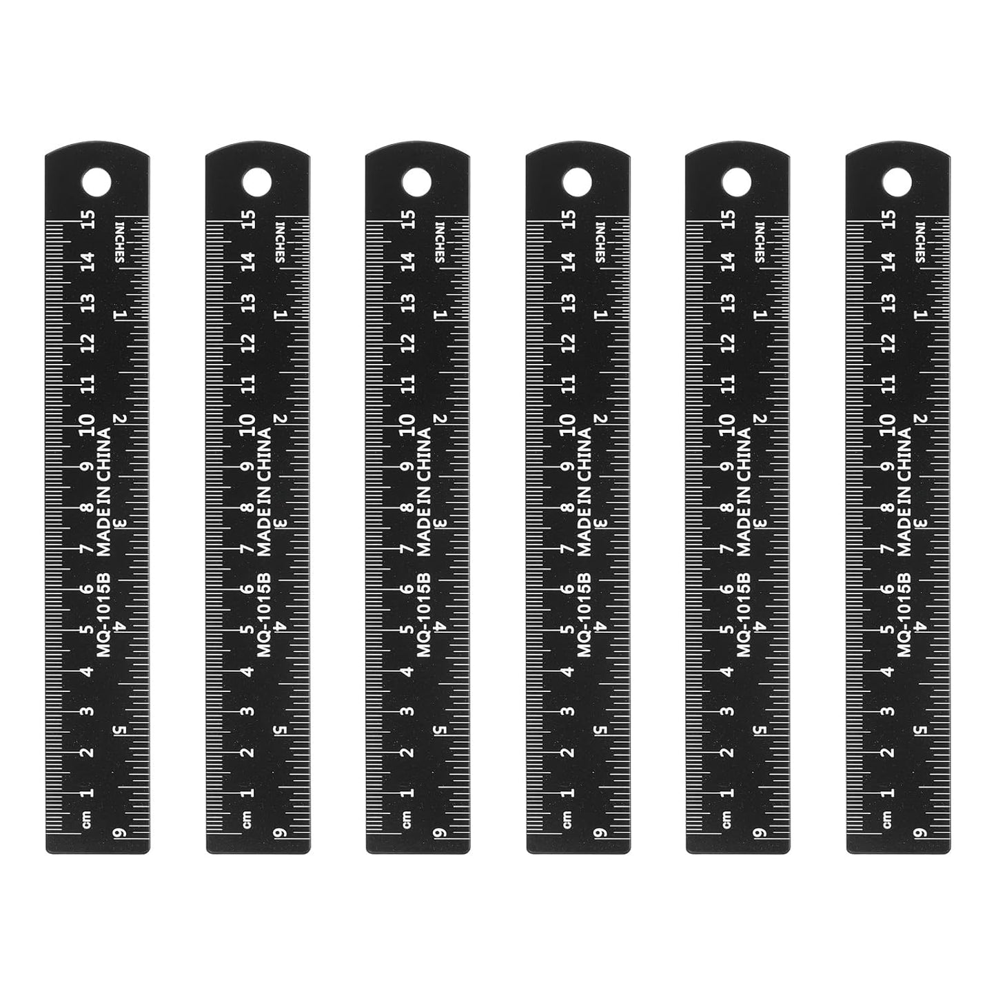 HARFINGTON 6pcs Metal Straight Ruler 15cm Metric SAE Aluminum Alloy Measuring Rulers Scale Tool with Hole for Measure Study Reading Classroom Office, Black